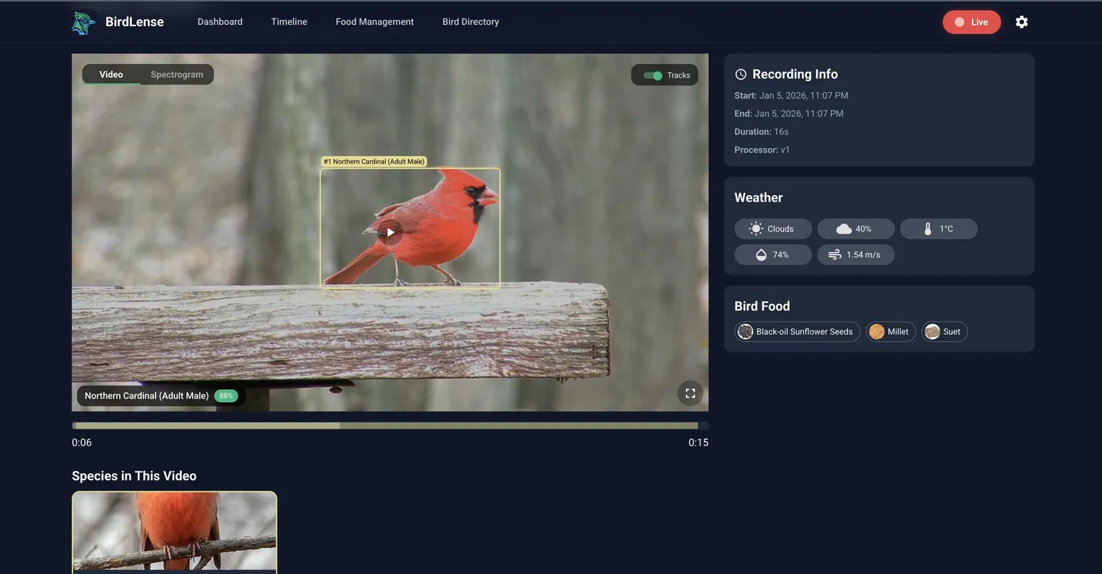 A recorded clip of a northern cardinal on a feeder rail, with a tracking box labelled "#1 Northern Cardinal (Adult Male)" and an 88% confidence chip.